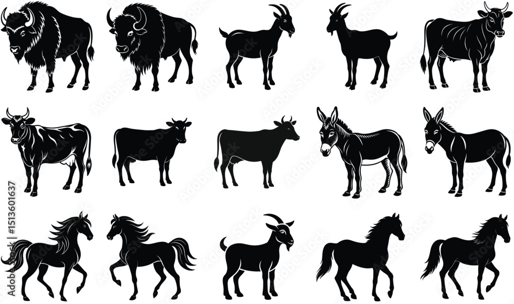 Fototapeta premium Collection of silhouetted farm animals including buffalo cows goats donkeys and horses isolated on white