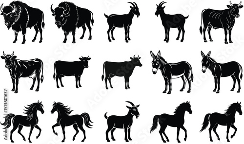 Collection of silhouetted farm animals including buffalo cows goats donkeys and horses isolated on white