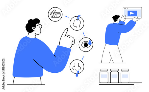 Man pointing at senses icons, another figure holding a video panel. Medicine bottles below. Ideal for education, knowledge sharing, health, senses, learning tools, innovation concepts simple landing