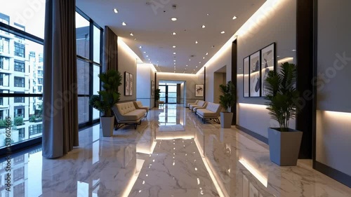 Modern interior of luxury clinic hallway, Marble floor design for office or hospital, with plants. Business building concept