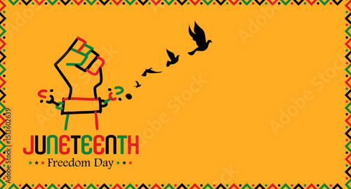 June 19 Juneteenth Poster, Fist with Breaking Chain Turning into Dove, Copy Space for Message