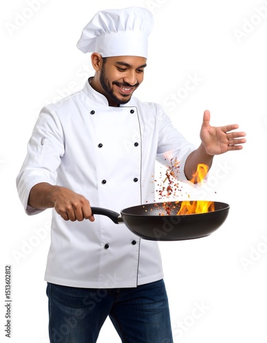 A smiling male chef in a white uniform expertly flips food in a frying pan, causing flames and spices to rise dramatically against a clean white background.