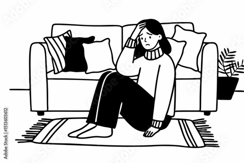 Woman in sweater sitting on the floor to touching forehead with hand while feeling sick and headache with migraine during resting in living room at home
