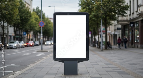 Blank White Billboard on Sidewalk in Urban Street Setting