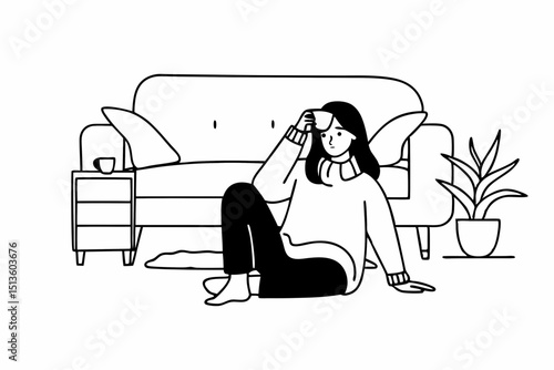 Woman in sweater sitting on the floor to touching forehead with hand while feeling sick and headache with migraine during resting in living room at home