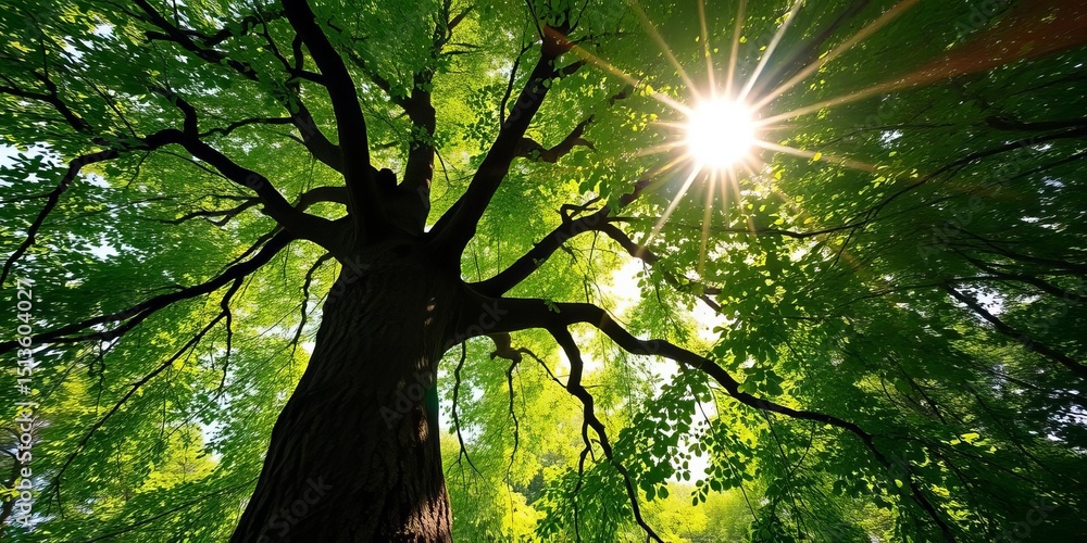 Fototapeta premium Sunlight dapples through lush green canopy, illuminating tree trunk from below, stock photo, leaves