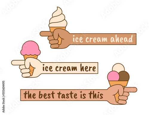 Funny hand, arm pointing the way, road to the store, signpost with ice cream, gelato. Gesture with index finger. Isolated hand drawn flat vector EPS10