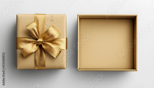 Empty open golden gift box with golden ribbon bow on transparent or white background, flat lay, top view, product placement