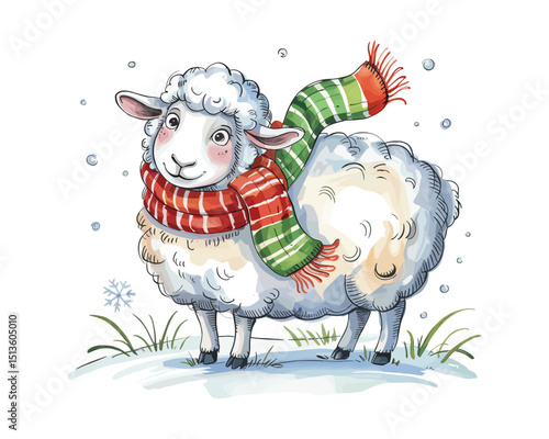 watercolour Illustration cute sheep standing with scarf for Winter Decor and Kids' Stories
