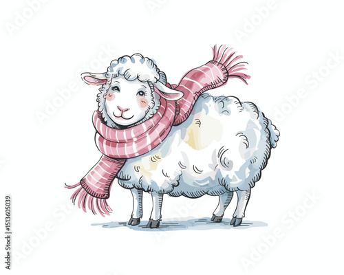 watercolour Illustration cute sheep standing with scarf for Winter Decor and Kids' Stories