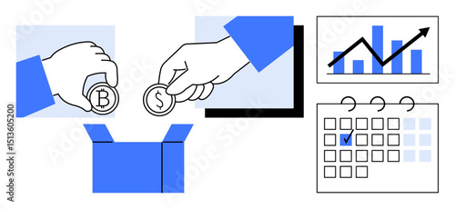 Hands placing currency in a box, upward graph, and marked calendar symbolizing financial planning, investment, teamwork, and future growth. Ideal for finance, teamwork, goal setting investment