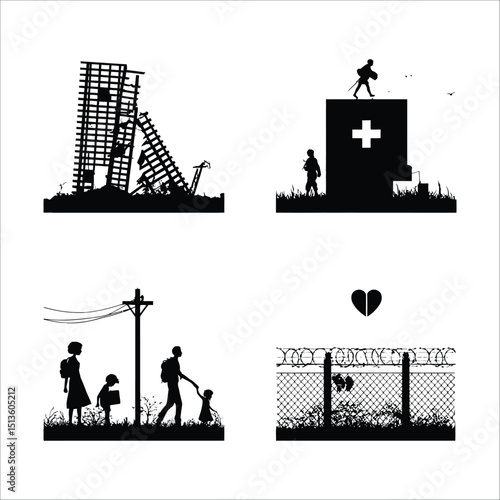 Silhouettes depicting post apocalyptic scenes with family hospital building and destruction shown here