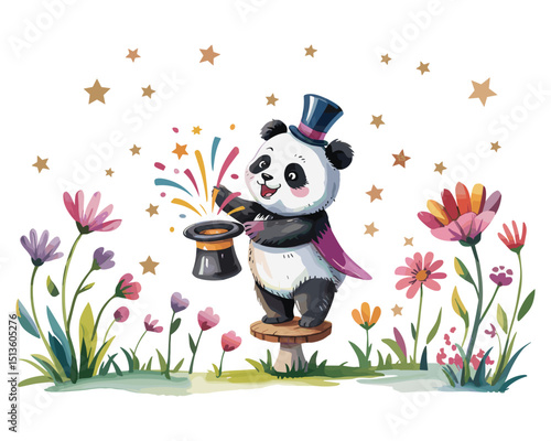 water-colour illustration of cute panda magician for and Kids' Stories