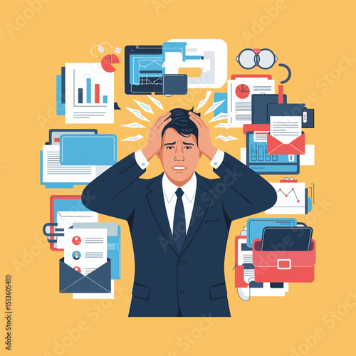 panic businessman, flat vector illustration of man in stress, surrounded by work and stress factors icons