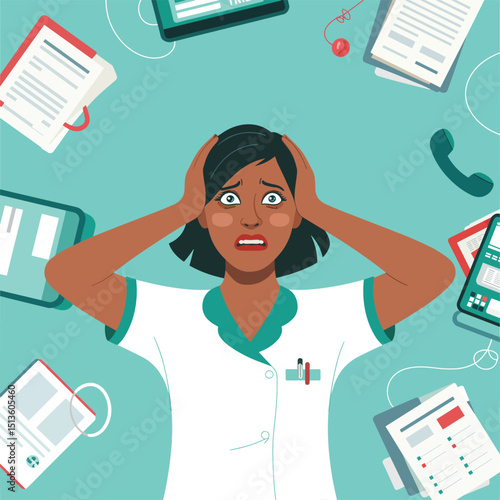 panic nurse, flat vector illustration of nurse woman in stress, surrounded by work and stress factors icons