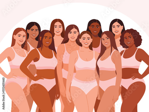body positive women, flat vector illustration of pretty young women of diverse ethnicities and body types, standing in casual underwear