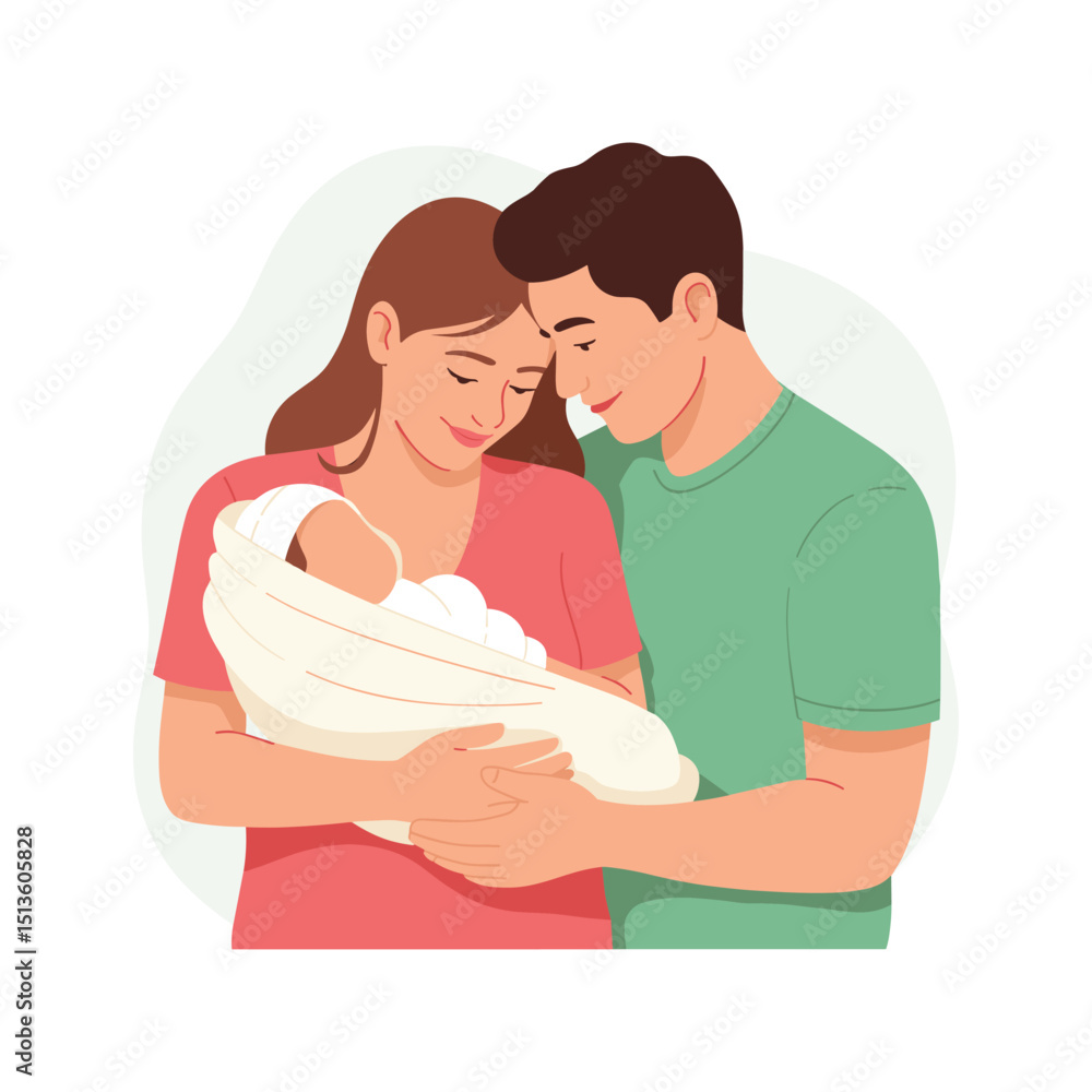 Obraz premium parenthood concept, flat vector illustration of young adult couple holding a baby in their arms