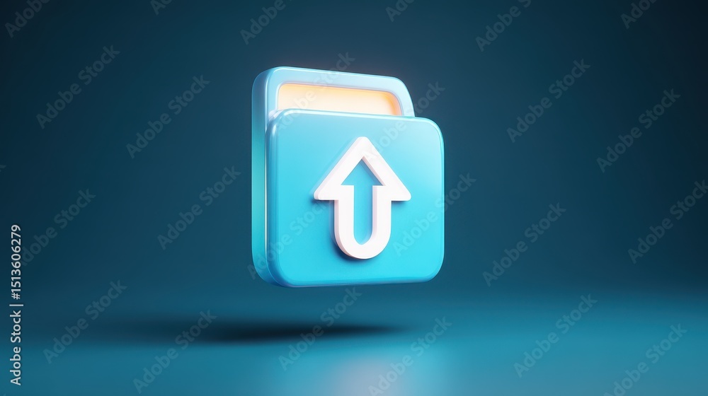 A 3D icon depicting an upload symbol overlaid on a folder, set against a blue background, representing digital file management and cloud technology. A 3D icon depicting an upload symbol overlaid on a folder, set against a blue background, representing digital file management and cloud technology.