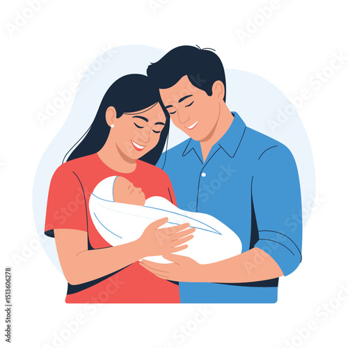 parenthood concept, flat vector illustration of young adult couple holding a baby in their arms