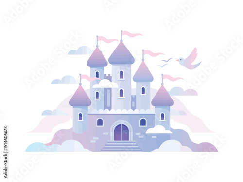 whimsical cloud castle vector flat minimalistic illustration 