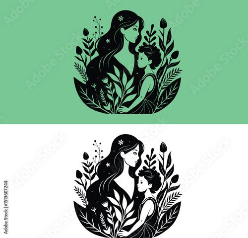 Detailed Realistic Silhouette of a mother with his child
