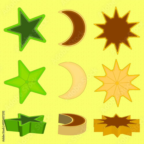 Set of beach sand molds for kids in shapes of stars, moons, and suns on yellow background. Colorful vector illustration for summer and playtime themes. For summertime, beach, vacations, outdoor design