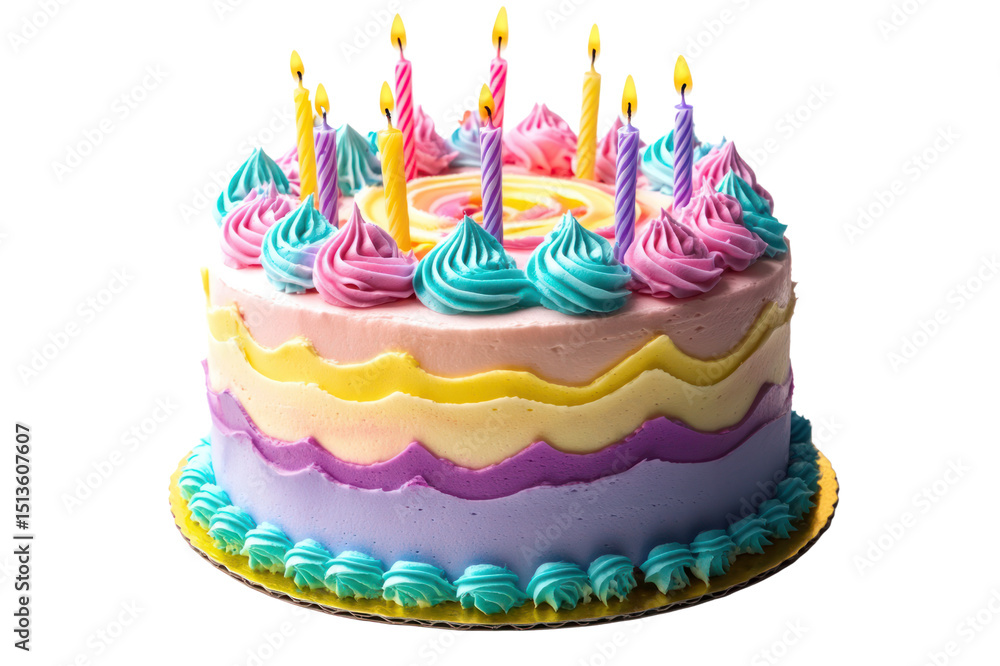 Naklejka premium Bright colorful birthday cake decorated with vibrant frosting swirls and tall lit candles for celebration, party desserts, and festive event theme