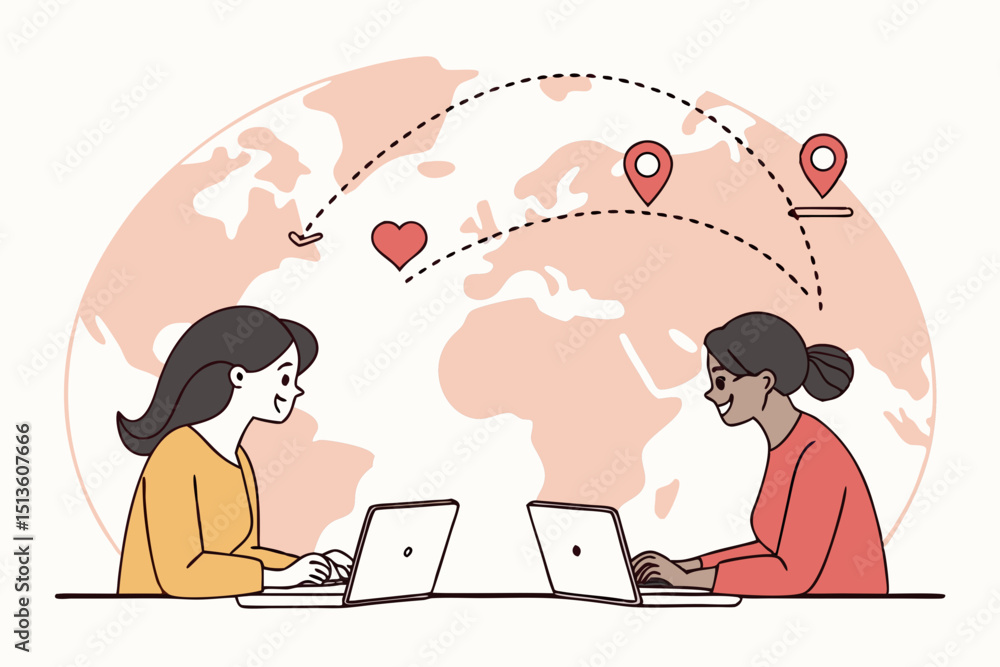 Two women chatting online across countries with laptops and location icons Two women chatting online across countries with laptops and location icons