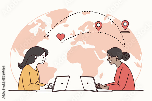 Two women chatting online across countries with laptops and location icons