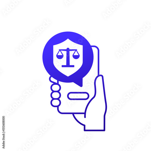legal protection vector icon with a shield and phone in hand