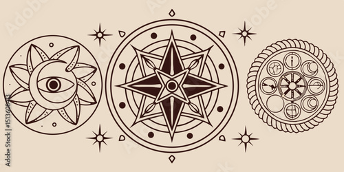 Decorative symbols representing celestial bodies and guidance in a unique artistic design