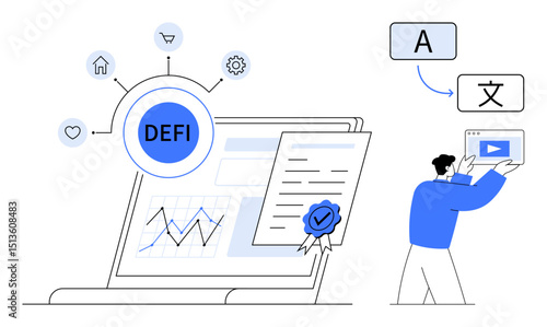 Laptop with DeFi hub, analytics, certified documents, user navigating multilingual interface. Ideal for finance, blockchain, innovation, translation, technology business solutions simple landing