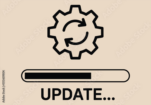 Vector illustration of software update icon with gear and progress bar - update, software, progress, gear, loading, vector, technology, system, icon, settings.