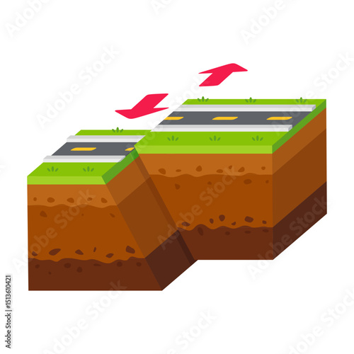 Cross Section of Earth with Road and Arrows Illustrating Tectonic Plate Movement and Geological Layers