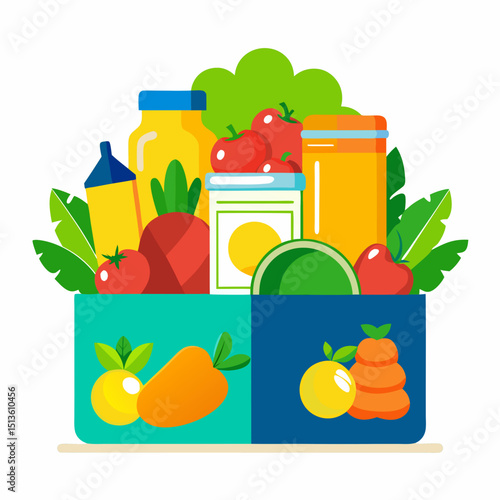 National Food Bank Day Vector Set - Donation Box, Fresh Food Icons, Helping Hands on White Background