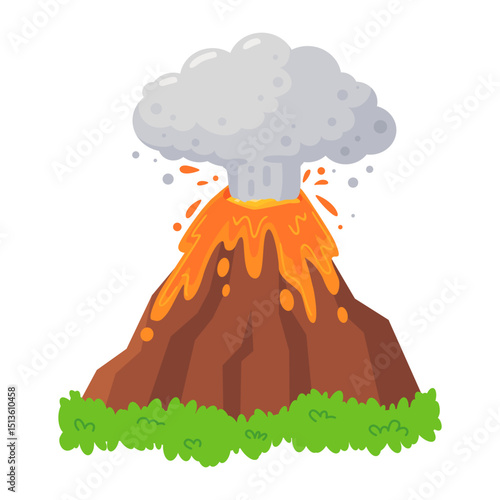Volcano Erupting with Smoke and Lava on White Background