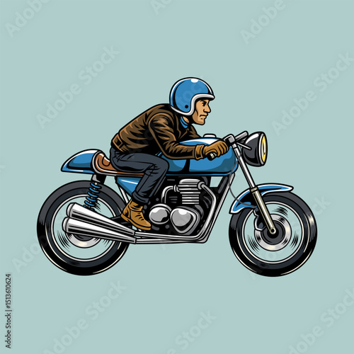 A masculine Man wearing open face crash helmet and jacket riding a blue retro cafe racer motorcycle from side view, isolated cartoon illustration on a light background