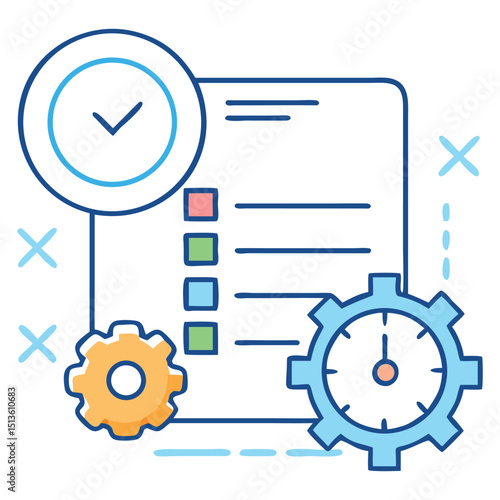 Flat vector project management icons with task list gear clock and progress bar in business style
