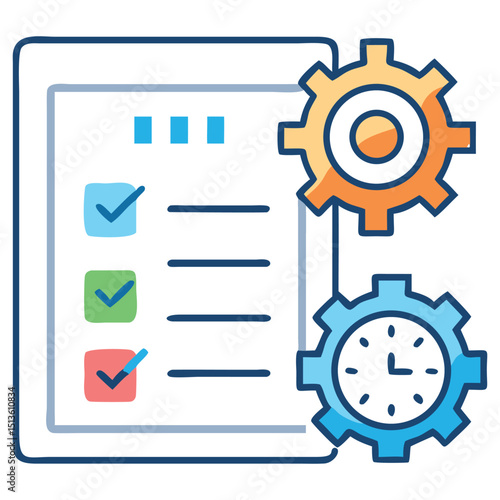 Flat vector project management icons with task list gear clock and progress bar in business style
