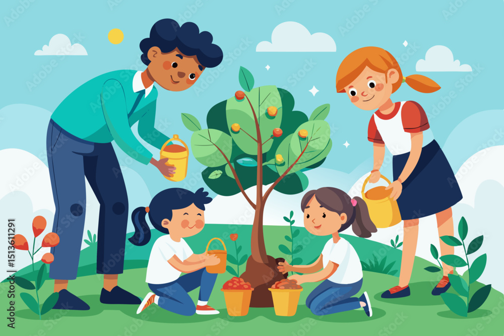 Schoolchildren plant trees under the guidance of a kind teacher - ecology begins in childhood Schoolchildren plant trees under the guidance of a kind teacher - ecology begins in childhood