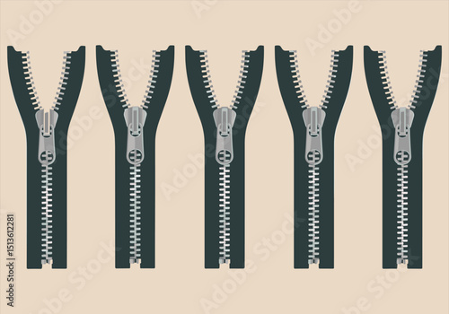 Vector illustration of zipper icons in various black and gray styles - zipper, icons, vector, black, gray, fastener, clothing, fashion, metal, graphic.
