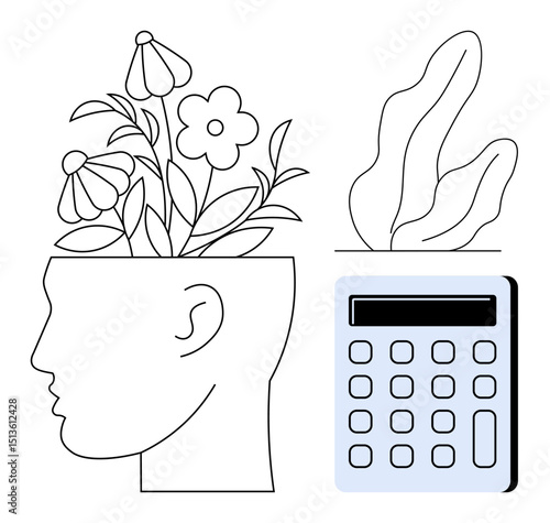 Silhouette with flowers, abstract leaf, calculator combination representing growth, creativity, balance, innovation, nature, problem-solving learning. Ideal for education mental health