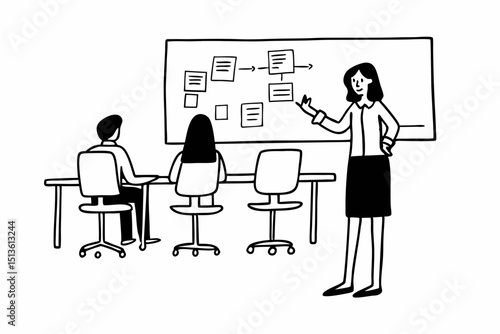 Woman, mentor and whiteboard in office for training, teaching and learning for skill or career development. People, employee and coach or leader at workshop with internship program and motivation