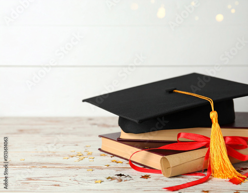 Graduation cap and diploma flat lay on elegant background, suitable for academic or celebration-themed use
