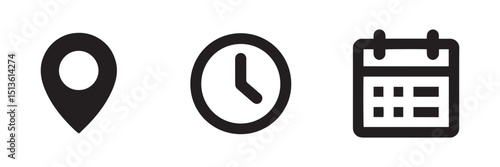 Address. time, and date icon set. position, clock and calendar symbol. business vector design. location, time and date icon for app, ui and website.