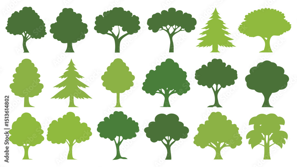 Fototapeta premium Set of green various trees silhouettes