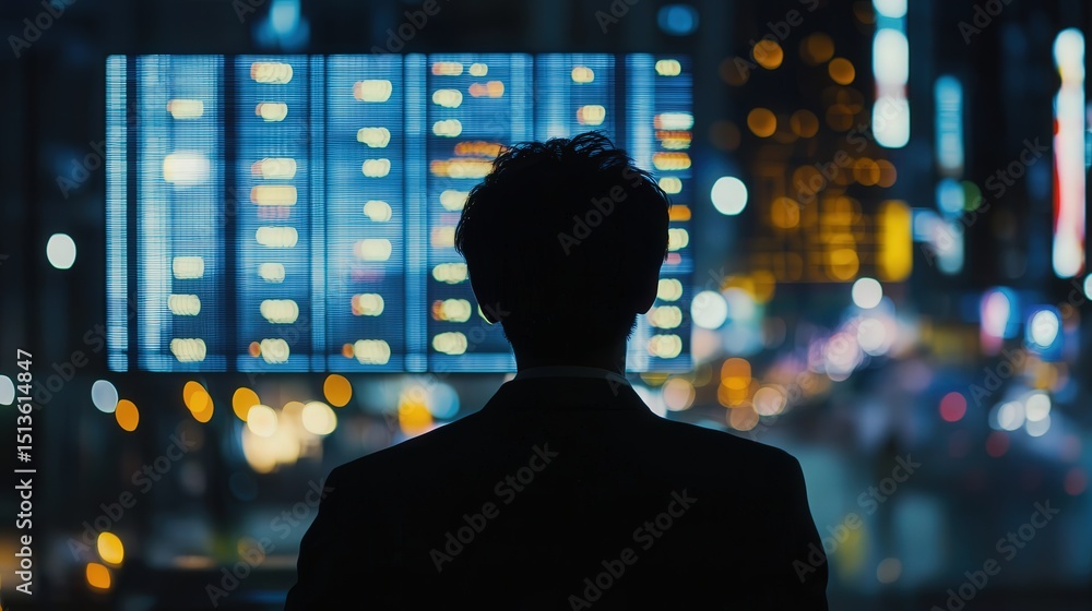 A back shot of an individual staring at a computer screen, which shows a detailed view of stock trades. A back shot of an individual staring at a computer screen, which shows a detailed view of stock trades.