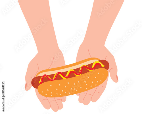 Hands Holding a Delicious Hot Dog Snack Illustrating an All-American Meal Concept