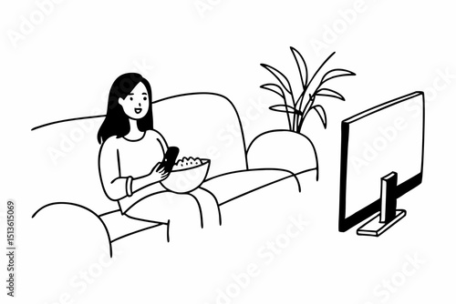Young asian woman is watching movie on television and holding remote control to switching channel while holding bowl of popcorn and sitting on the big comfortable sofa in living room at home