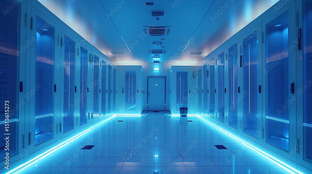 Fototapeta premium Illuminated Data Center Corridor with Rows of Servers and Advanced Technology